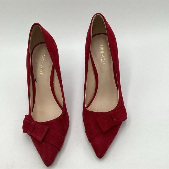 Nine West Women's Red Suede Bow Pumps Size 7M Party Heels - Picture 2 of 8